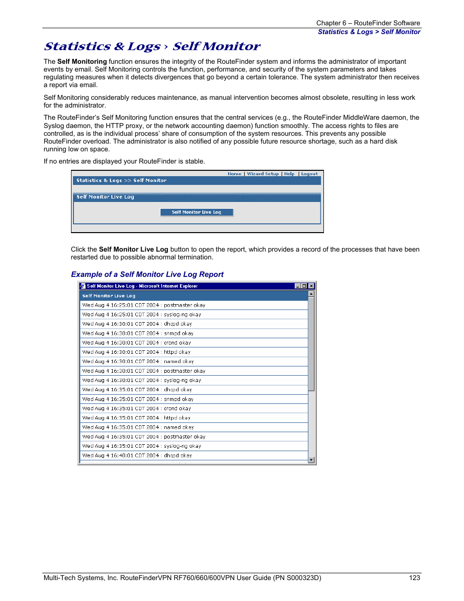 Statistics & logs, Self monitor | Multi-Tech Systems RF660 User Manual | Page 123 / 189