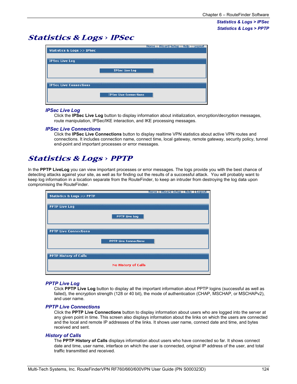 Statistics & logs, Ipsec, Pptp | Multi-Tech Systems RF660 User Manual | Page 124 / 189