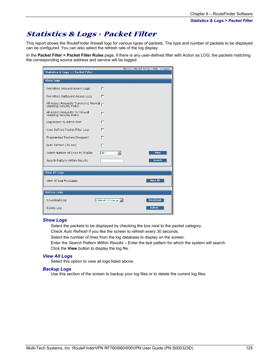 Statistics & logs, Packet filter | Multi-Tech Systems RF660 User Manual | Page 125 / 189