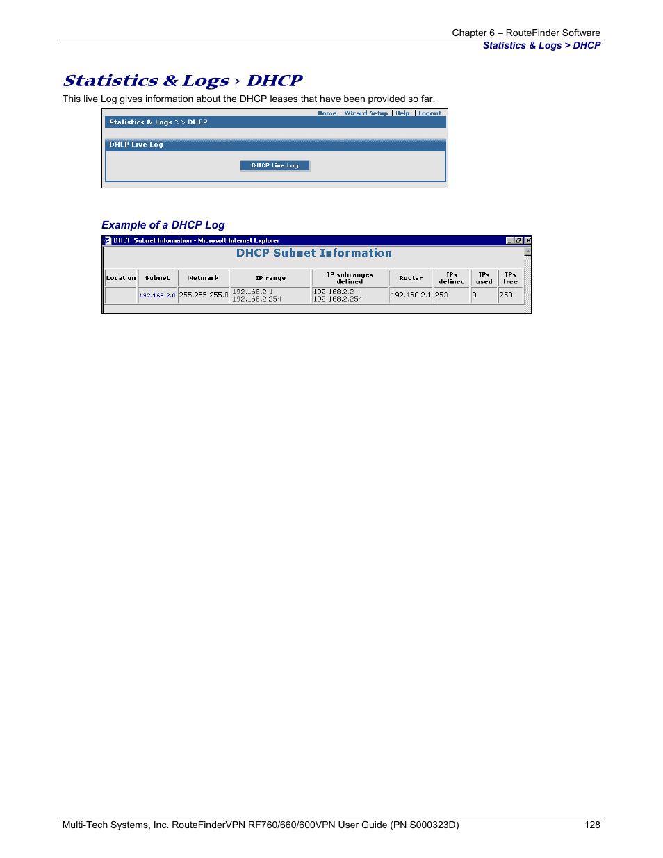 Statistics & logs, Dhcp | Multi-Tech Systems RF660 User Manual | Page 128 / 189