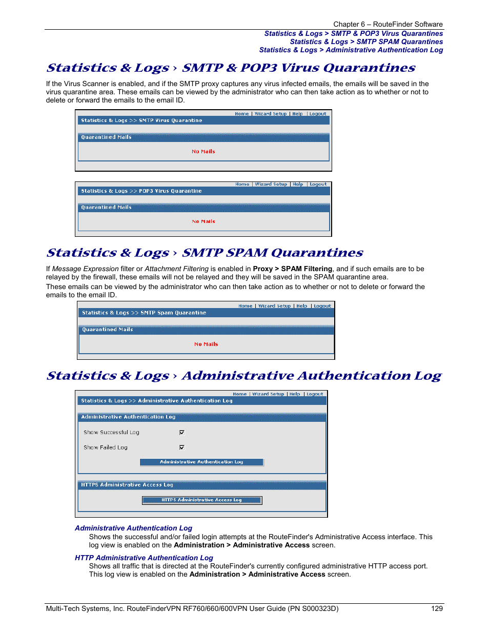 Statistics & logs, Smtp & pop3 virus quarantines, Smtp spam quarantines | Administrative authentication log | Multi-Tech Systems RF660 User Manual | Page 129 / 189