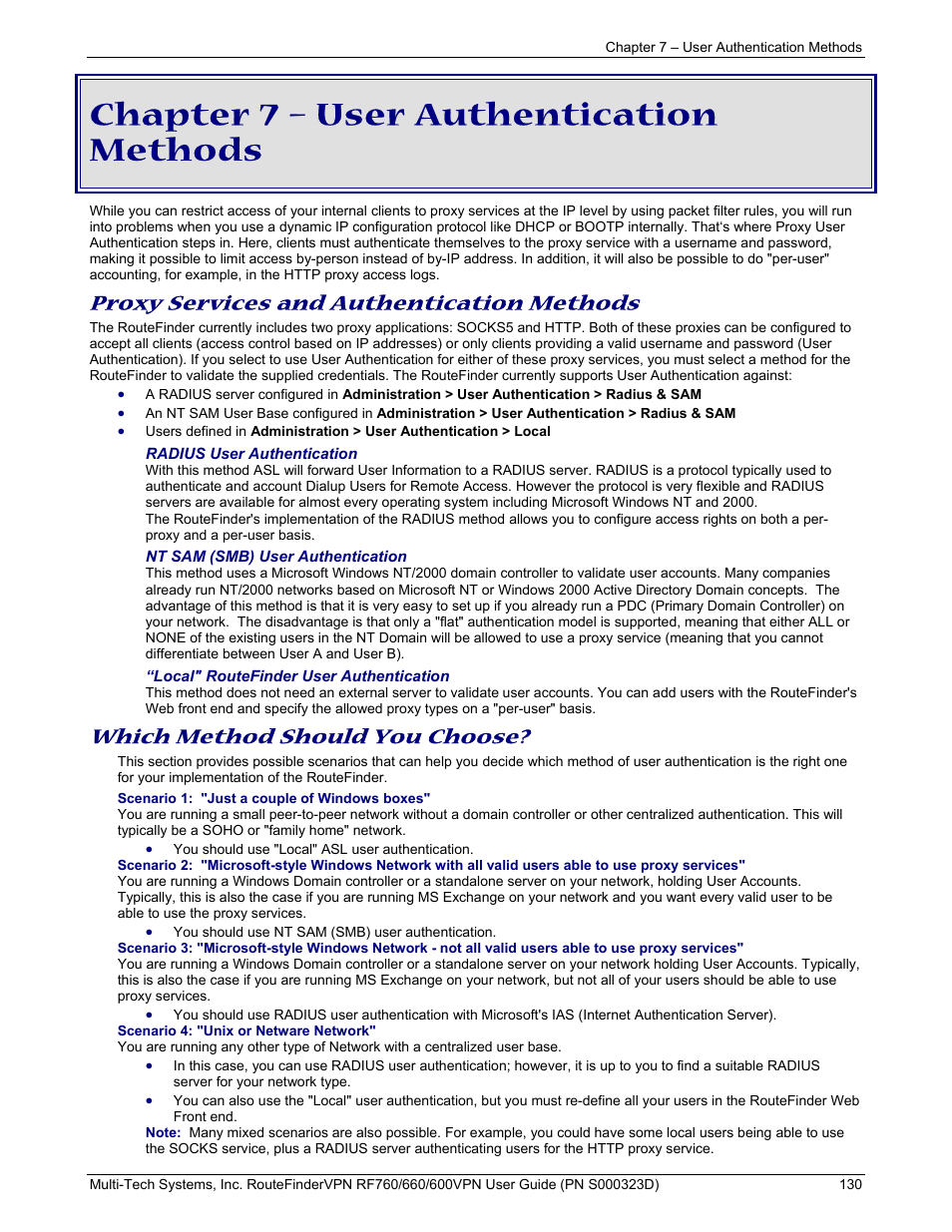 Chapter 7 – user authentication methods, Proxy services and authentication methods, Which method should you choose | Multi-Tech Systems RF660 User Manual | Page 130 / 189