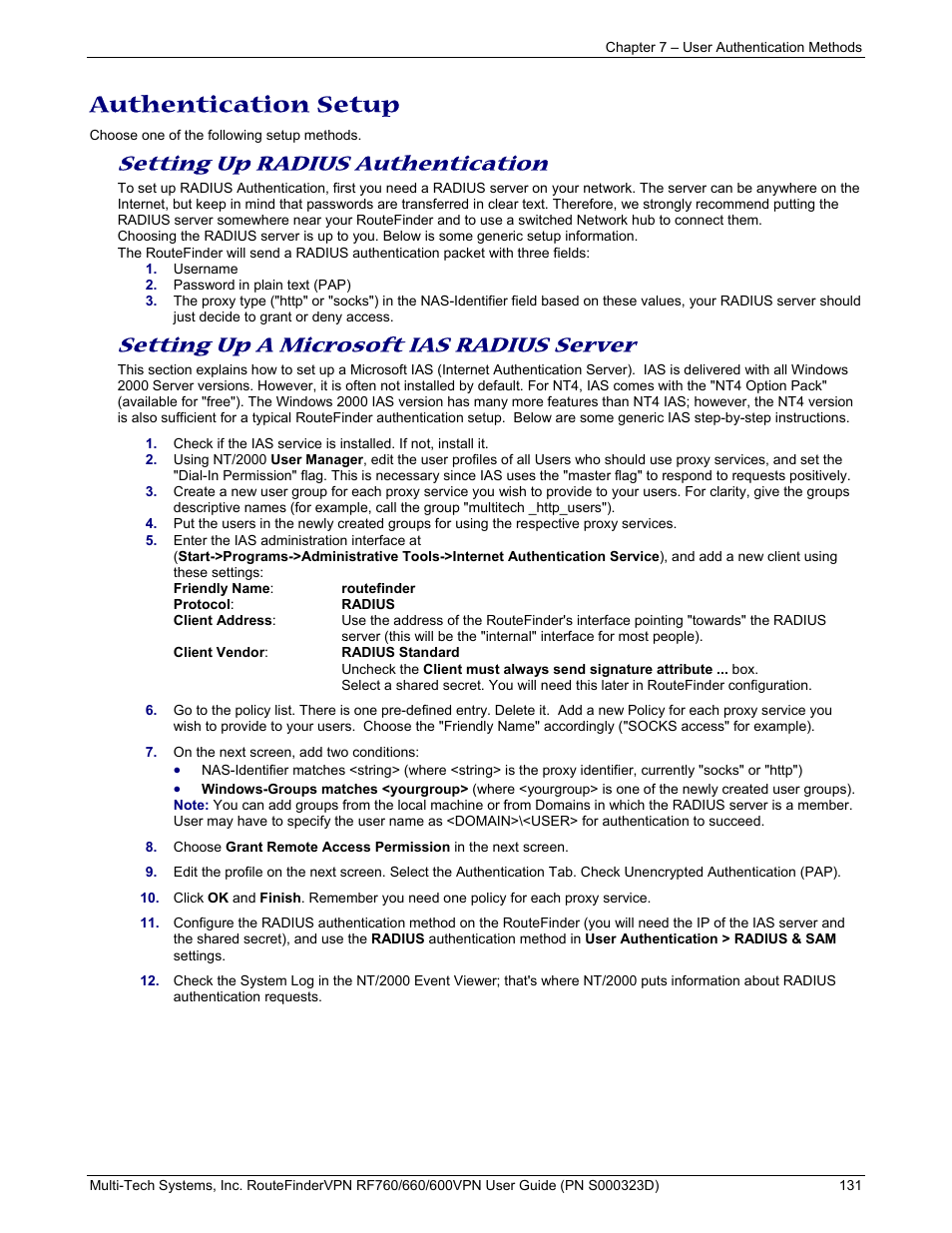 Authentication setup, Setting up radius authentication, Setting up a microsoft ias radius server | Multi-Tech Systems RF660 User Manual | Page 131 / 189