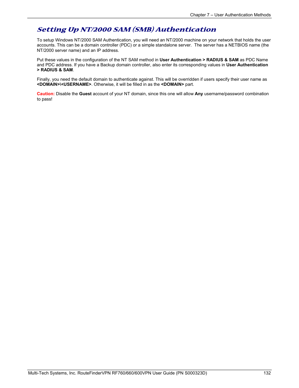 Setting up nt/2000 sam (smb) authentication | Multi-Tech Systems RF660 User Manual | Page 132 / 189