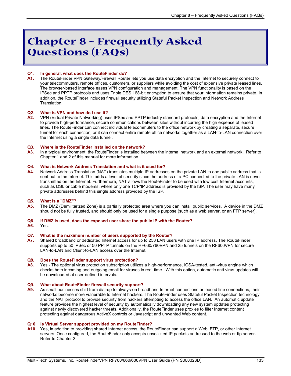 Chapter 8 – frequently asked questions (faqs) | Multi-Tech Systems RF660 User Manual | Page 133 / 189
