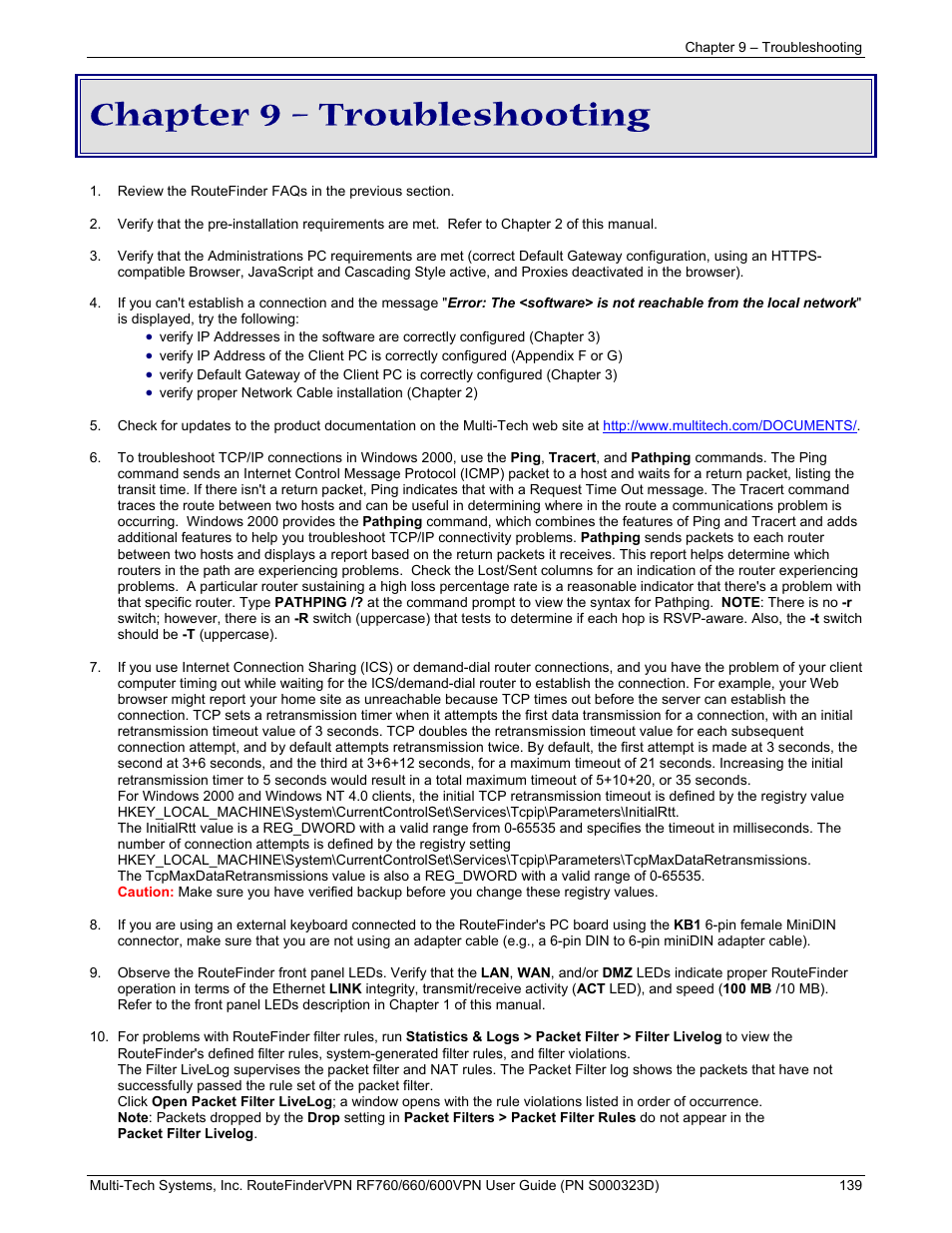Chapter 9 – troubleshooting | Multi-Tech Systems RF660 User Manual | Page 139 / 189