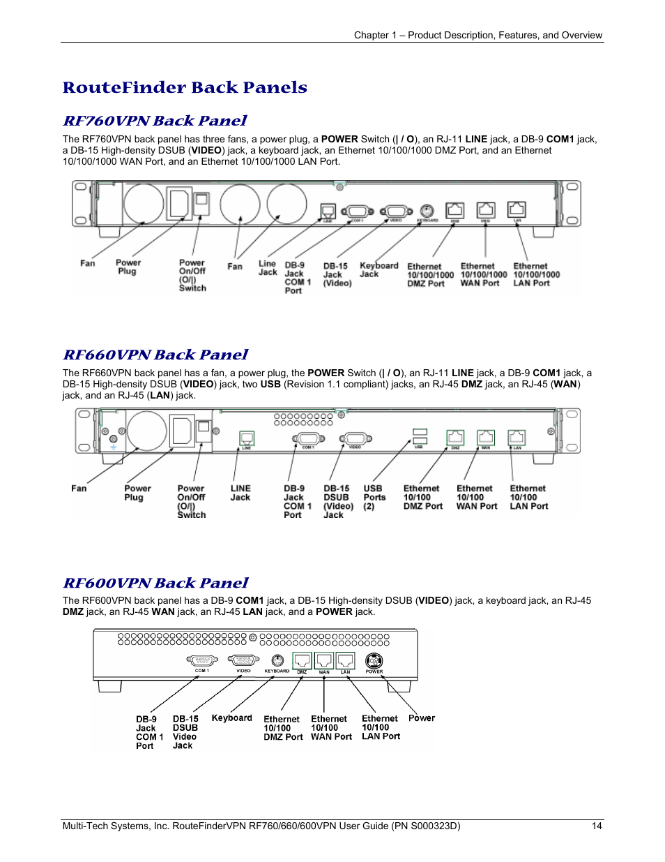 Routefinder back panels, Rf760vpn back panel, Rf660vpn back panel | Rf600vpn back panel | Multi-Tech Systems RF660 User Manual | Page 14 / 189