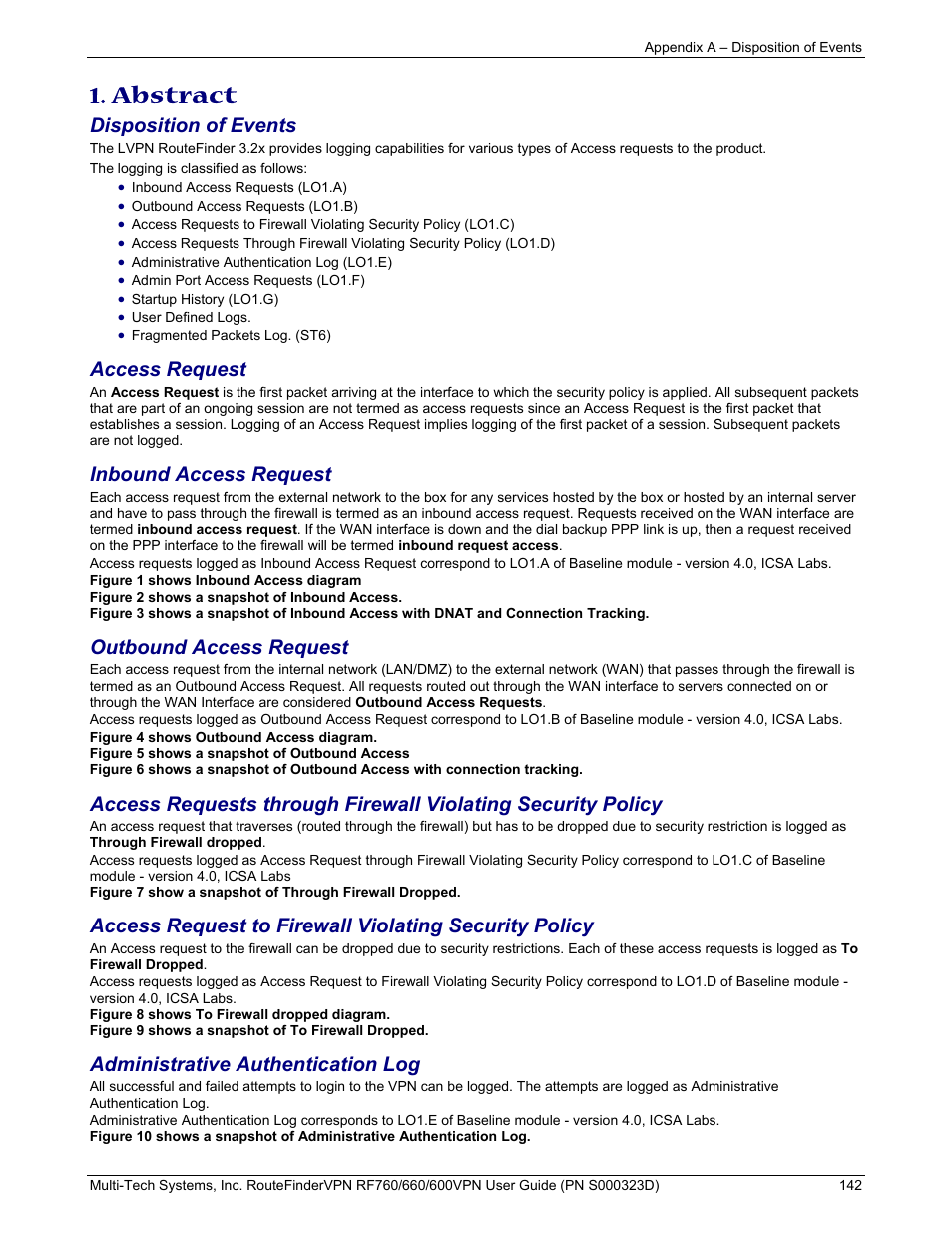 Abstract, Disposition of events, Access request | Inbound access request, Outbound access request, Administrative authentication log | Multi-Tech Systems RF660 User Manual | Page 142 / 189
