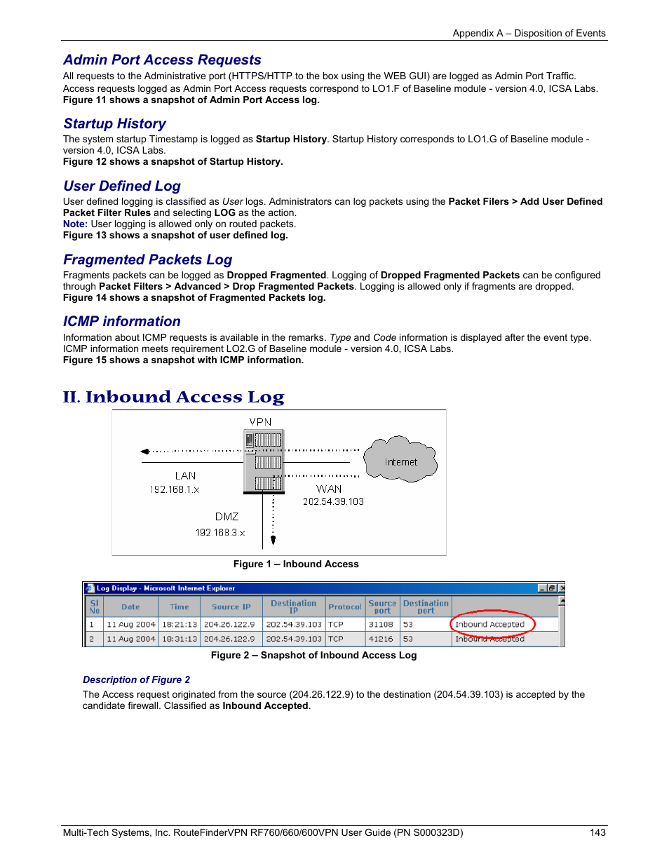 Ii. inbound access log, Admin port access requests, Startup history | User defined log, Fragmented packets log, Icmp information | Multi-Tech Systems RF660 User Manual | Page 143 / 189