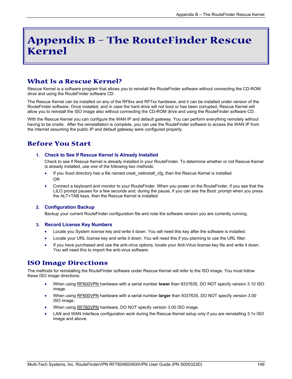 Appendix b – the routefinder rescue kernel, What is a rescue kernel, Before you start | Iso image directions | Multi-Tech Systems RF660 User Manual | Page 149 / 189