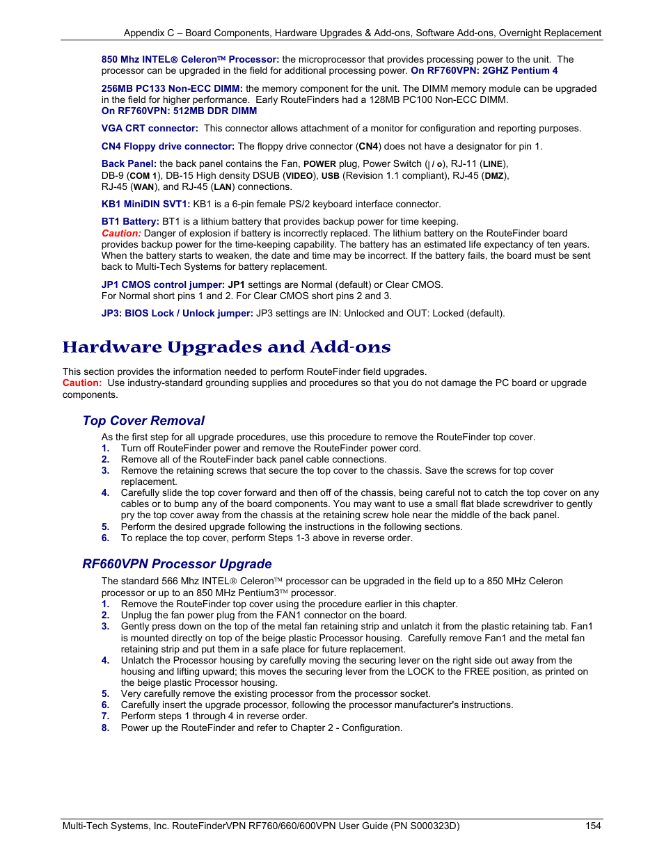 Hardware upgrades and add-ons, Top cover removal, Rf660vpn processor upgrade | Multi-Tech Systems RF660 User Manual | Page 154 / 189