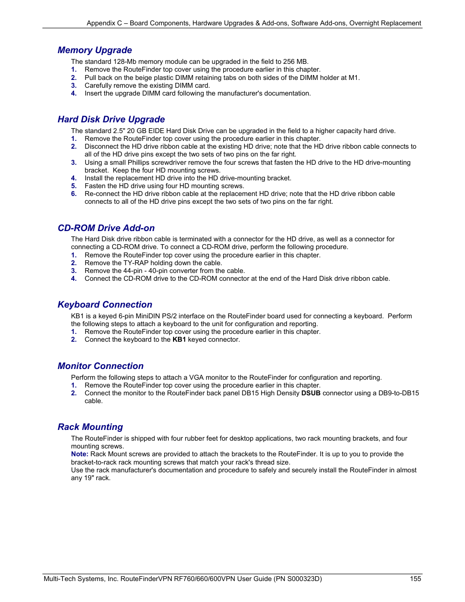Hard disk drive upgrade, Cd-rom drive add-on, Keyboard connection | Monitor connection, Rack mounting | Multi-Tech Systems RF660 User Manual | Page 155 / 189