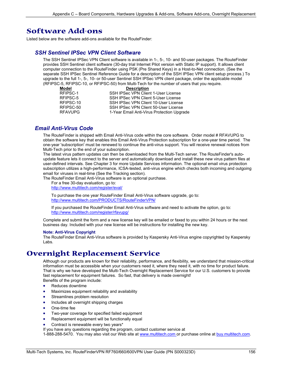 Software add-ons, Overnight replacement service | Multi-Tech Systems RF660 User Manual | Page 156 / 189