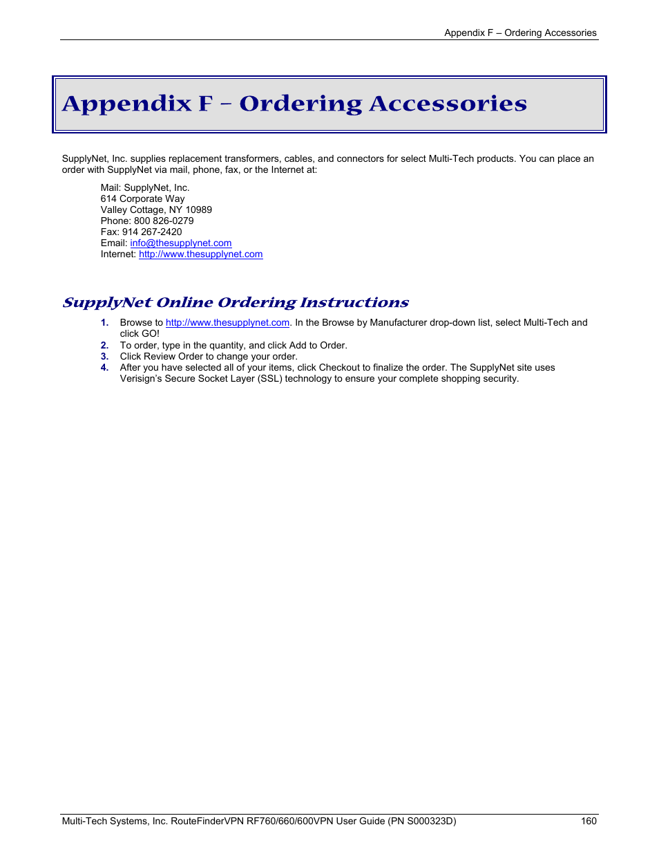 Appendix f – ordering accessories, Supplynet online ordering instructions | Multi-Tech Systems RF660 User Manual | Page 160 / 189