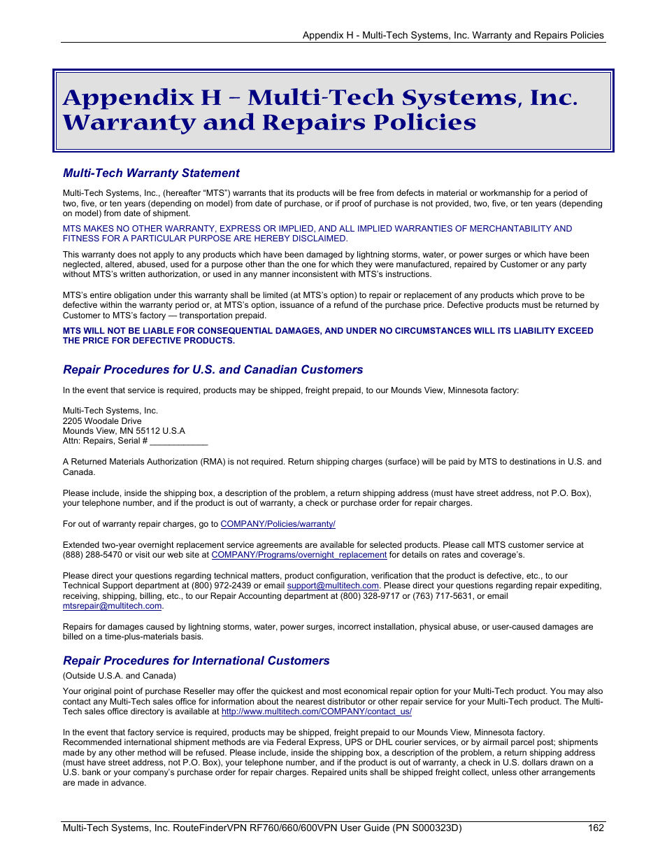 Multi-tech warranty statement, Repair procedures for u.s. and canadian customers, Repair procedures for international customers | Multi-Tech Systems RF660 User Manual | Page 162 / 189
