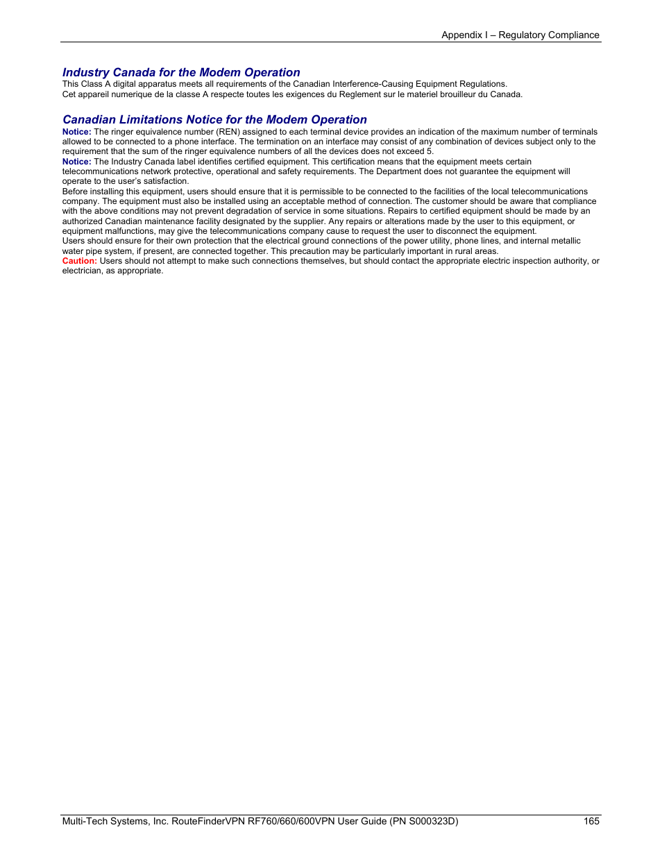 Industry canada for the modem operation | Multi-Tech Systems RF660 User Manual | Page 165 / 189