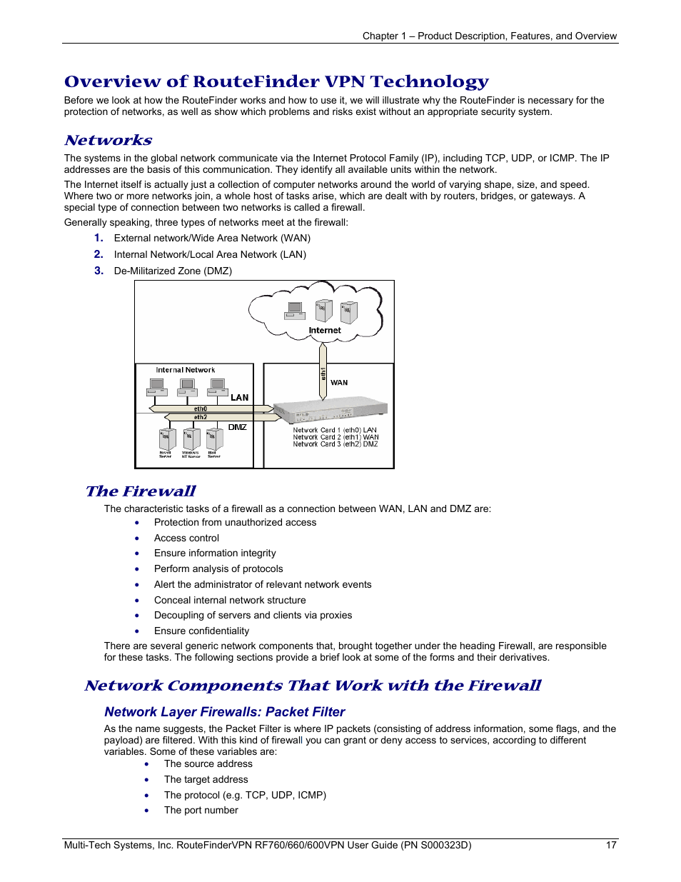 Overview of routefinder vpn technology, Networks, The firewall | Network components that work with the firewall | Multi-Tech Systems RF660 User Manual | Page 17 / 189