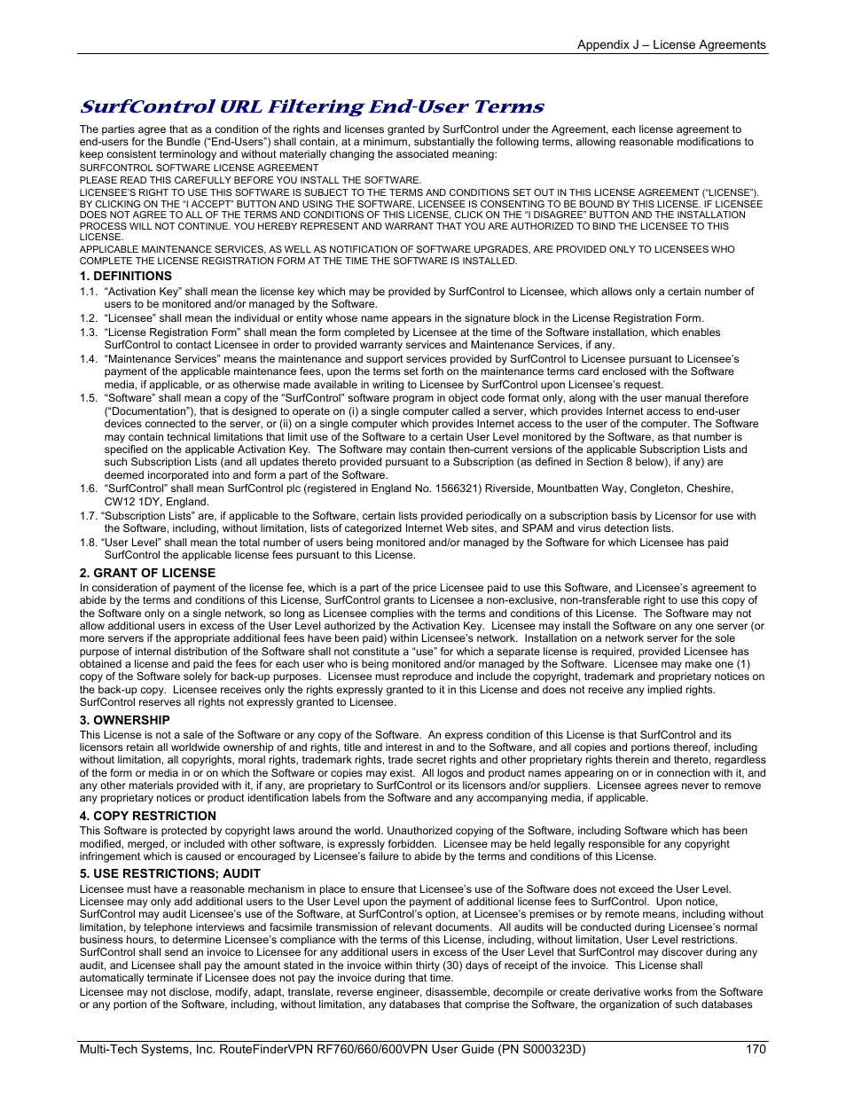 Surfcontrol url filtering end-user terms | Multi-Tech Systems RF660 User Manual | Page 170 / 189