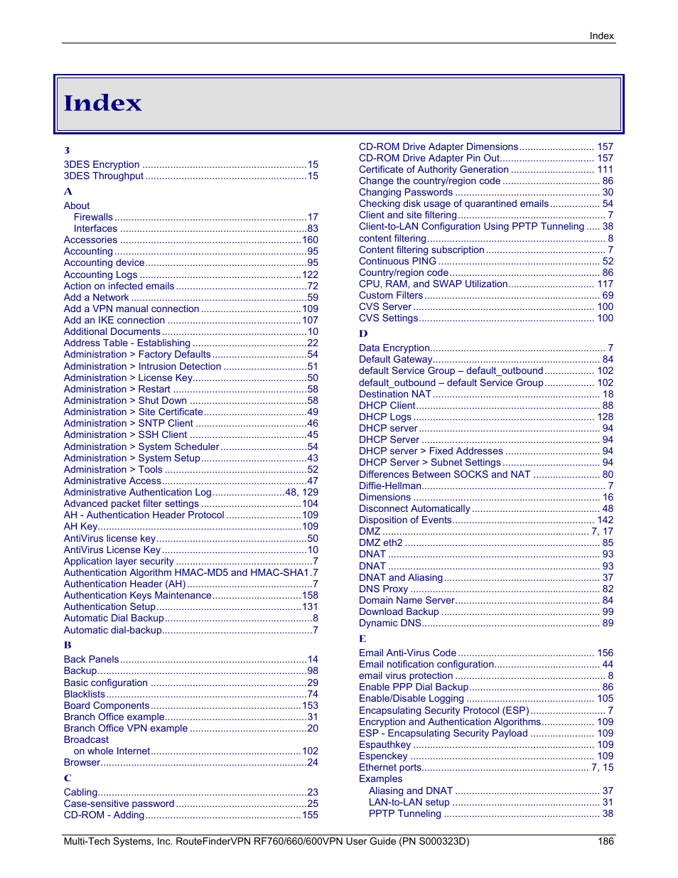 Index | Multi-Tech Systems RF660 User Manual | Page 186 / 189