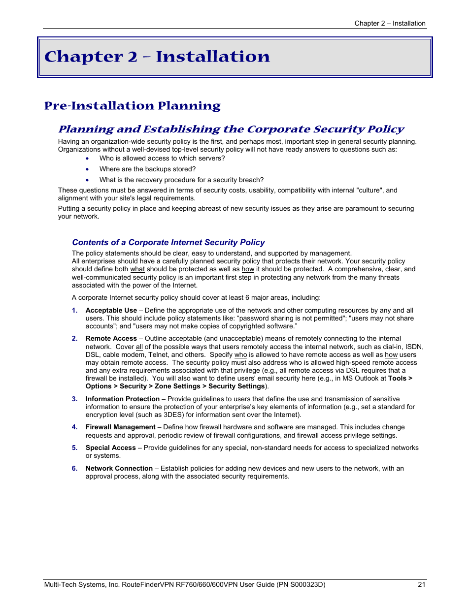Chapter 2 – installation, Pre-installation planning | Multi-Tech Systems RF660 User Manual | Page 21 / 189