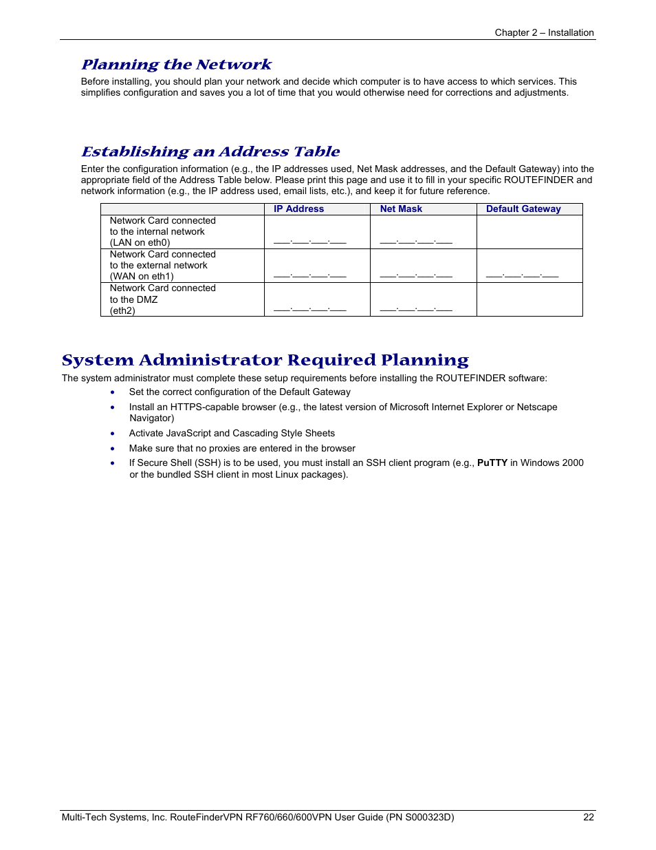 System administrator required planning, Planning the network, Establishing an address table | Multi-Tech Systems RF660 User Manual | Page 22 / 189