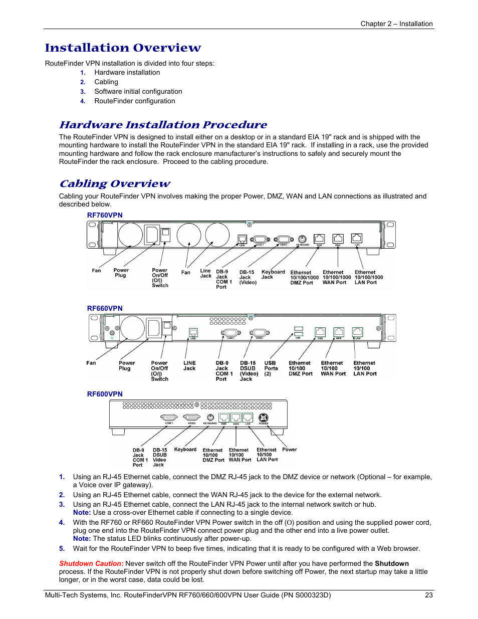 Installation overview, Hardware installation procedure, Cabling overview | Multi-Tech Systems RF660 User Manual | Page 23 / 189