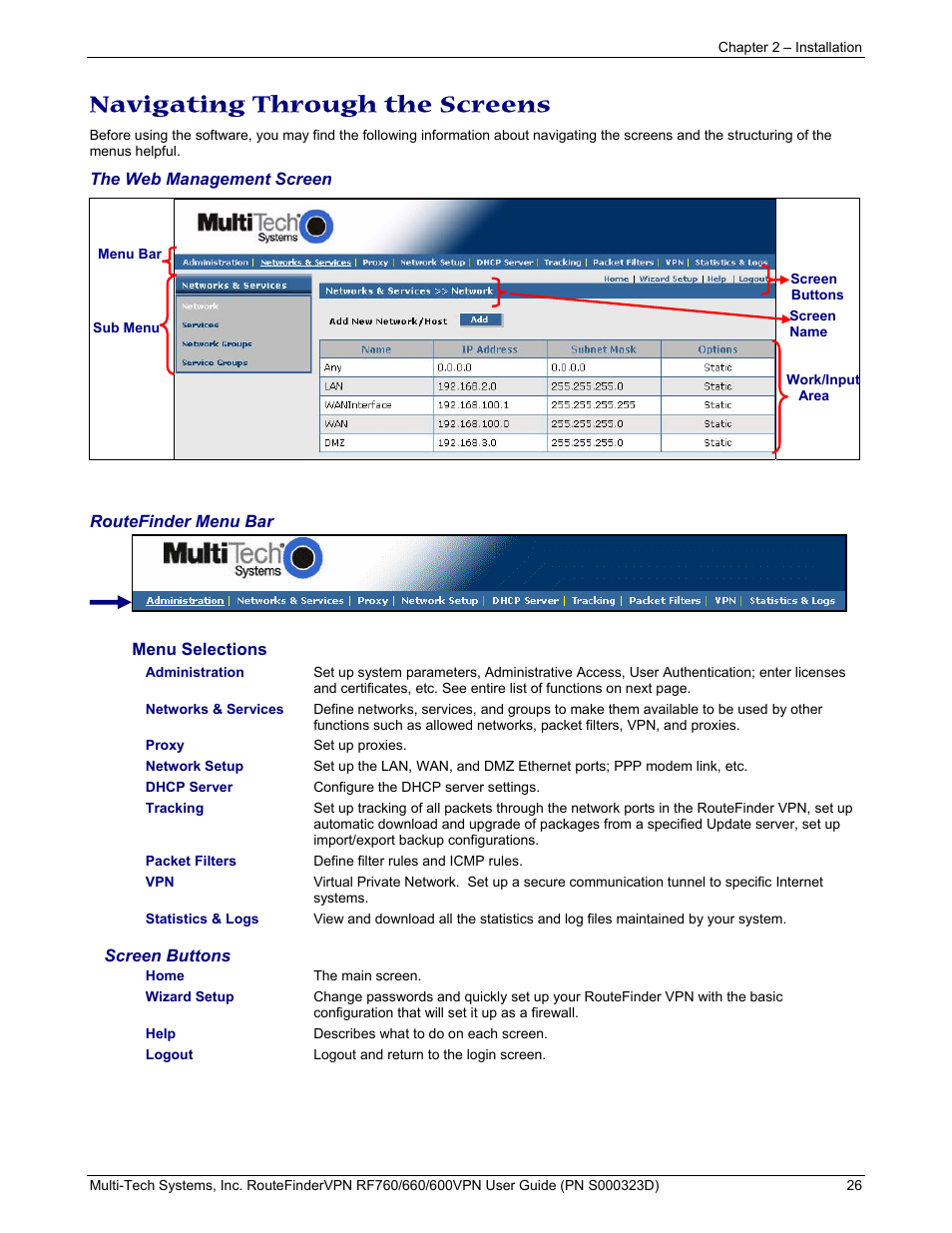 Navigating through the screens | Multi-Tech Systems RF660 User Manual | Page 26 / 189