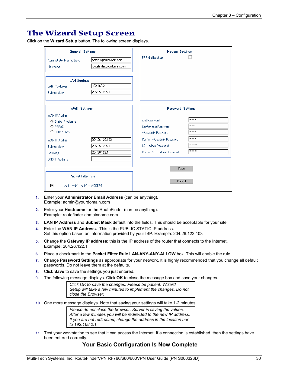 The wizard setup screen, Your basic configuration is now complete | Multi-Tech Systems RF660 User Manual | Page 30 / 189