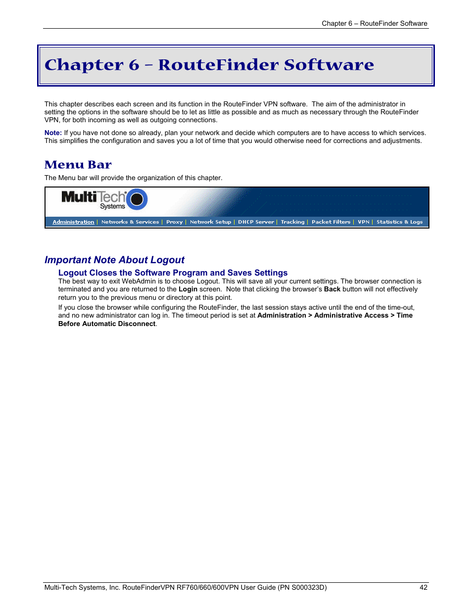Chapter 6 – routefinder software, Menu bar | Multi-Tech Systems RF660 User Manual | Page 42 / 189
