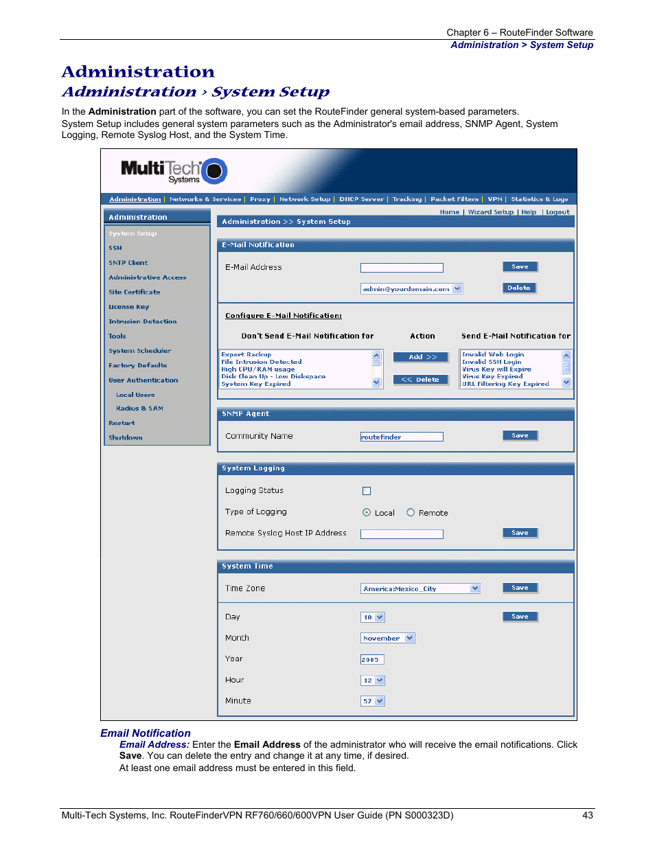 Administration, Administration > system setup | Multi-Tech Systems RF660 User Manual | Page 43 / 189
