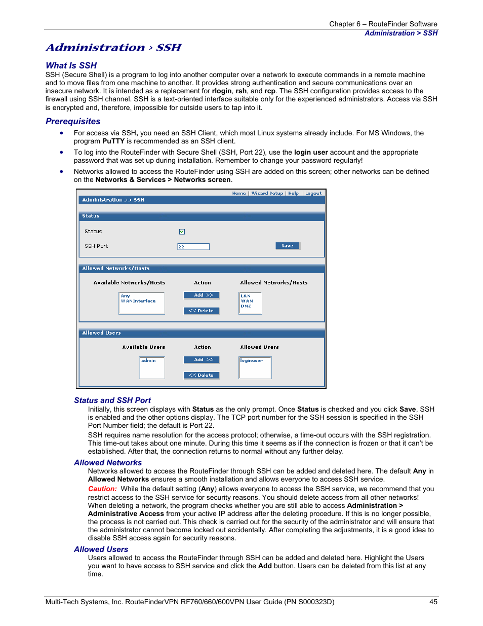 Administration > ssh | Multi-Tech Systems RF660 User Manual | Page 45 / 189