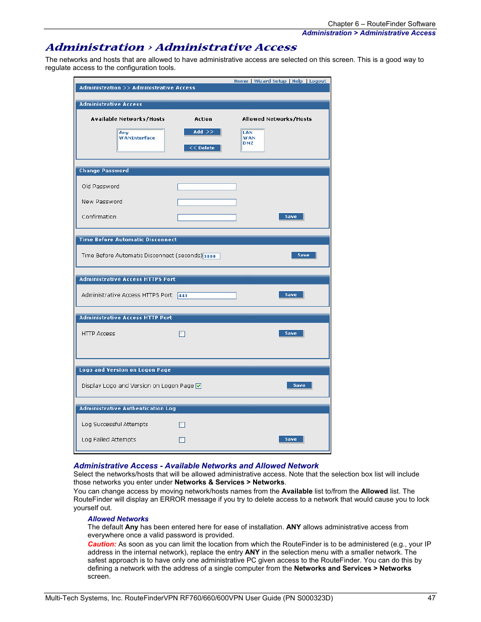 Administration > administrative access | Multi-Tech Systems RF660 User Manual | Page 47 / 189