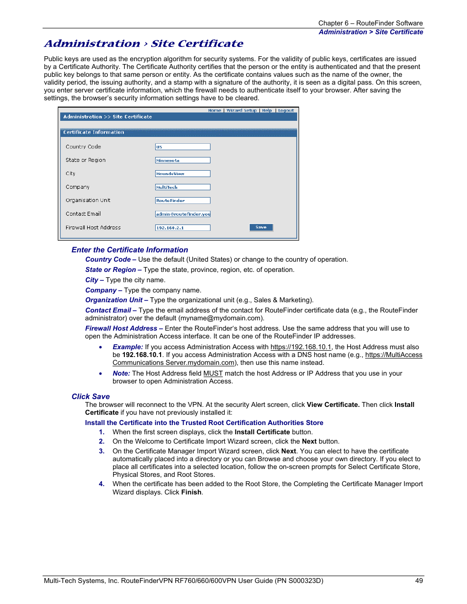 Administration > site certificate | Multi-Tech Systems RF660 User Manual | Page 49 / 189