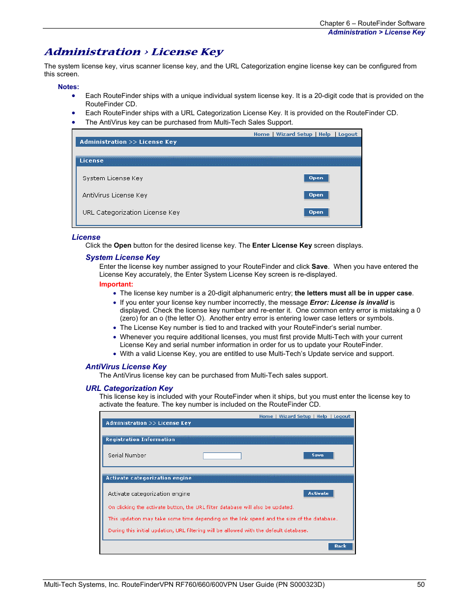 Administration > license key | Multi-Tech Systems RF660 User Manual | Page 50 / 189