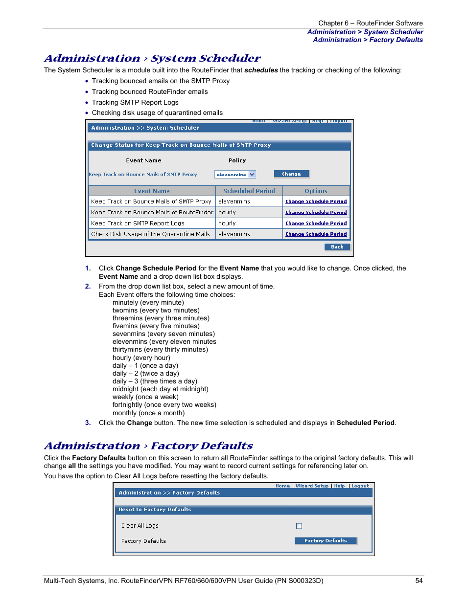 Administration > system scheduler, Administration > factory defaults | Multi-Tech Systems RF660 User Manual | Page 54 / 189