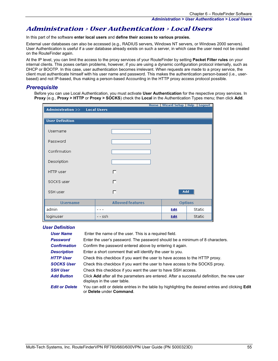Administration > user authentication > local users, Prerequisite | Multi-Tech Systems RF660 User Manual | Page 55 / 189