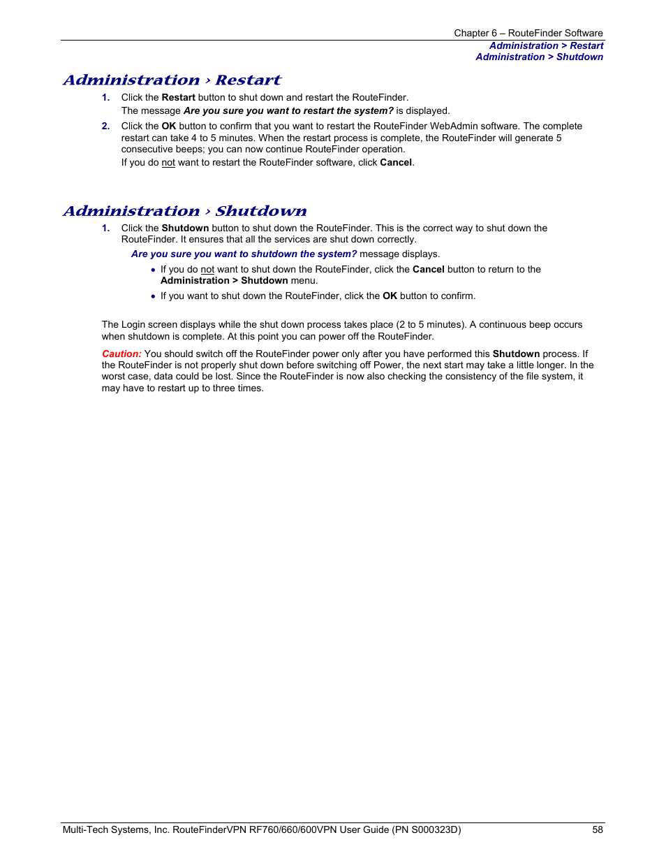 Administration > restart, Administration > shutdown | Multi-Tech Systems RF660 User Manual | Page 58 / 189