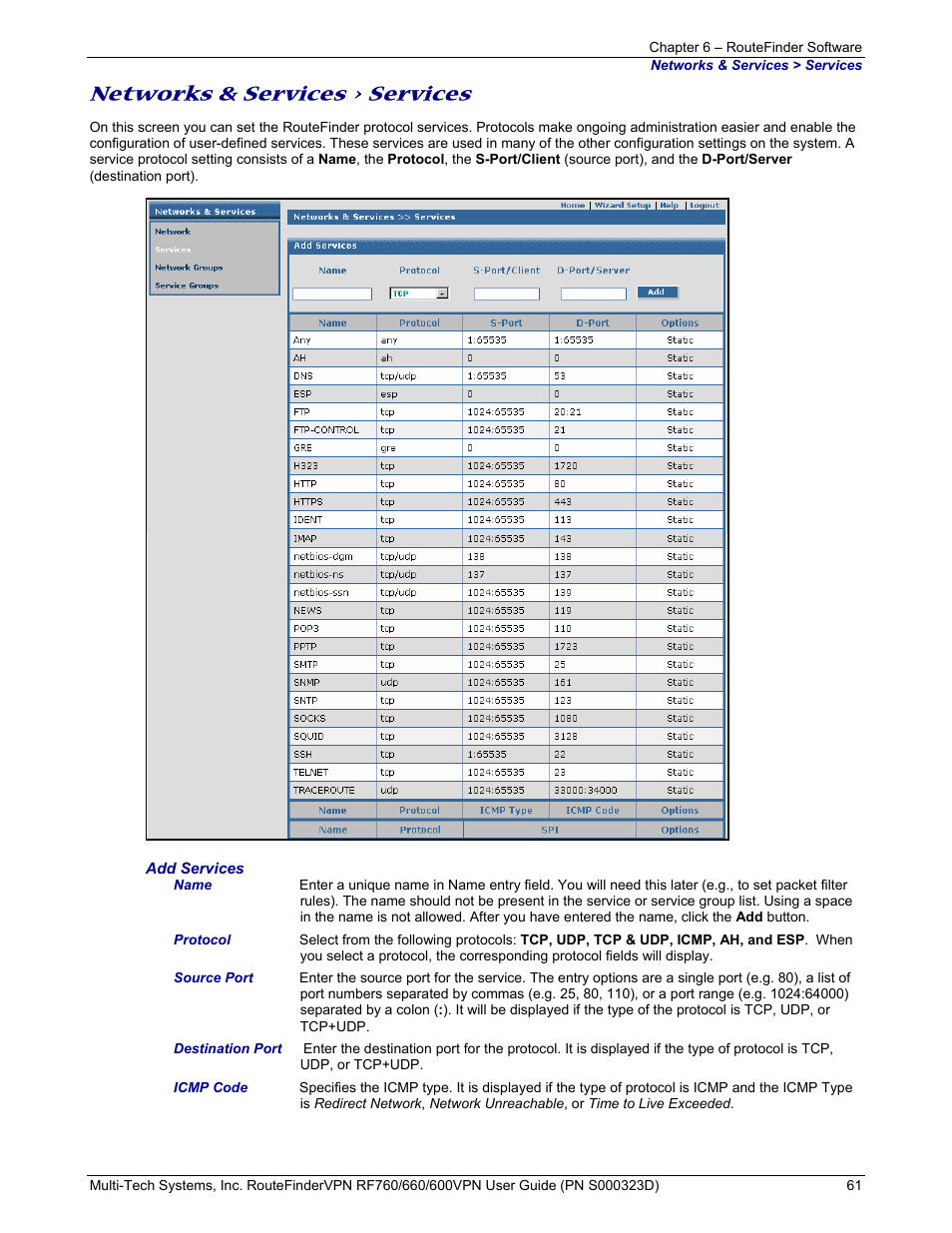 Networks & services > services | Multi-Tech Systems RF660 User Manual | Page 61 / 189