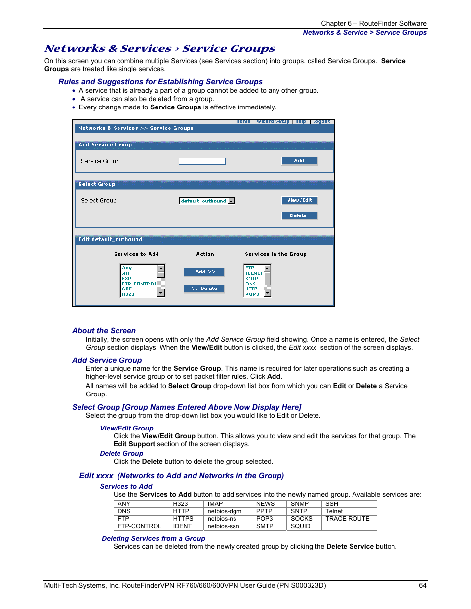 Networks & services > service groups | Multi-Tech Systems RF660 User Manual | Page 64 / 189