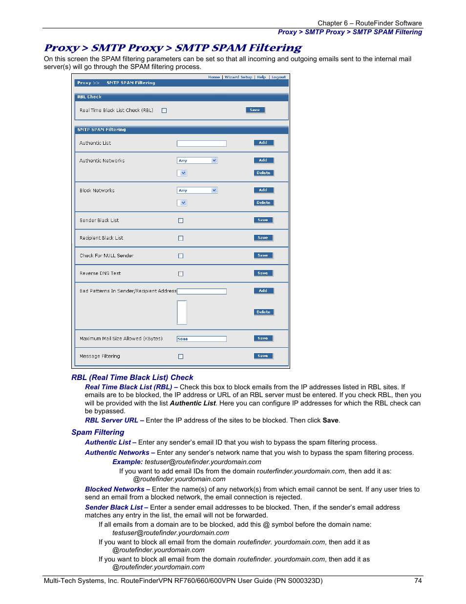Proxy, Smtp proxy, Smtp spam filtering | Multi-Tech Systems RF660 User Manual | Page 74 / 189
