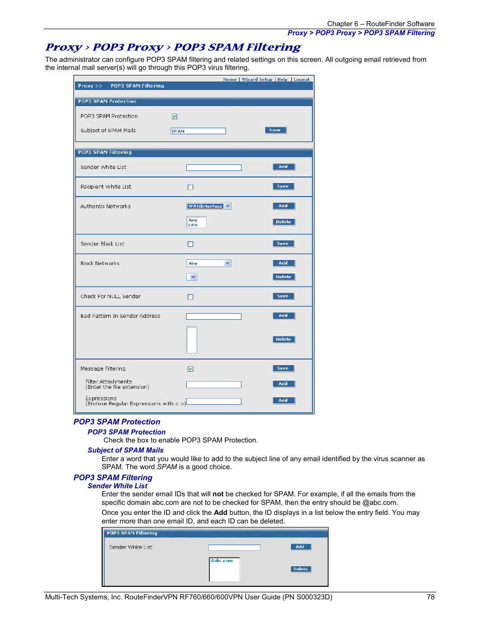 Proxy > pop3 proxy > pop3 spam filtering | Multi-Tech Systems RF660 User Manual | Page 78 / 189