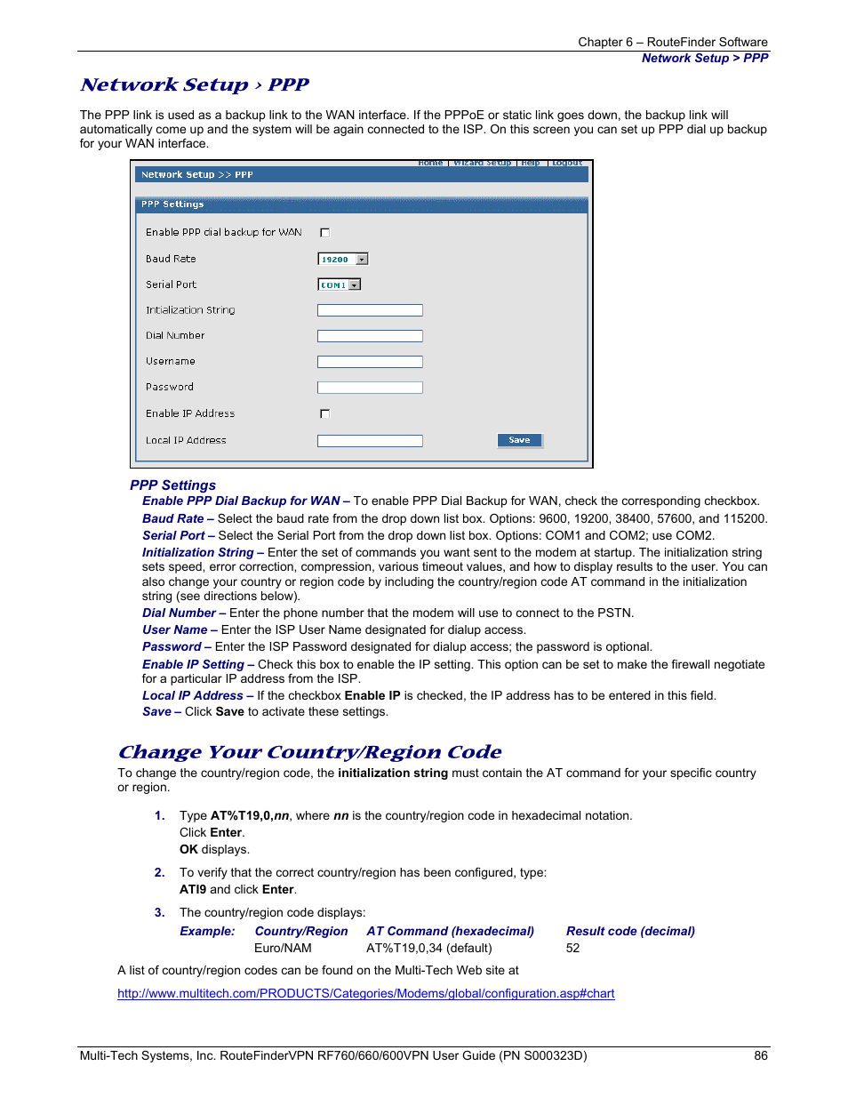 Network setup > ppp, Change your country/region code | Multi-Tech Systems RF660 User Manual | Page 86 / 189