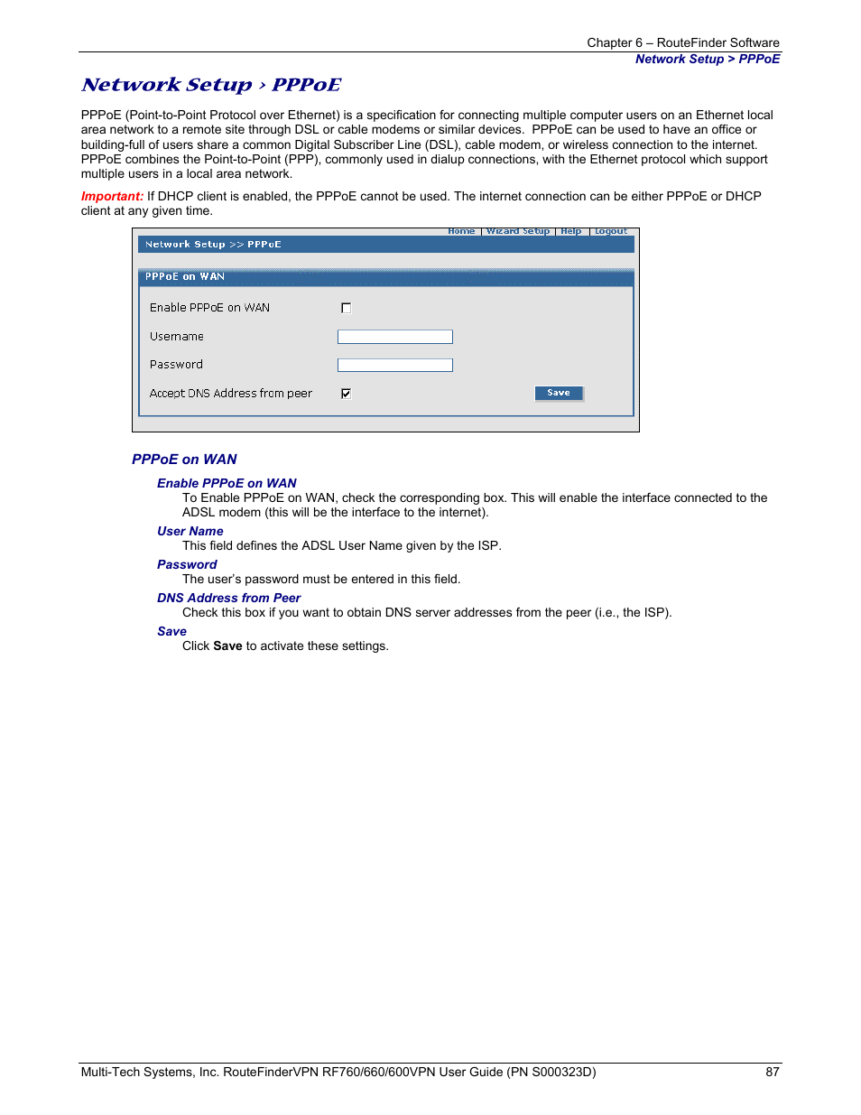 Network setup > pppoe | Multi-Tech Systems RF660 User Manual | Page 87 / 189