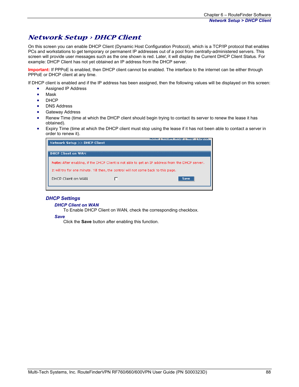 Network setup > dhcp client | Multi-Tech Systems RF660 User Manual | Page 88 / 189