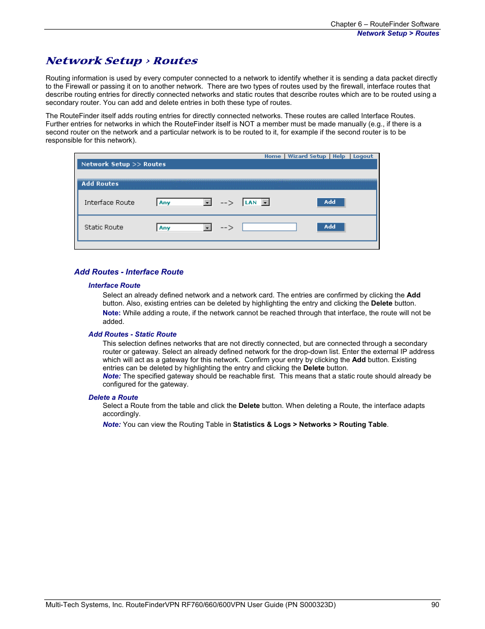 Network setup > routes | Multi-Tech Systems RF660 User Manual | Page 90 / 189