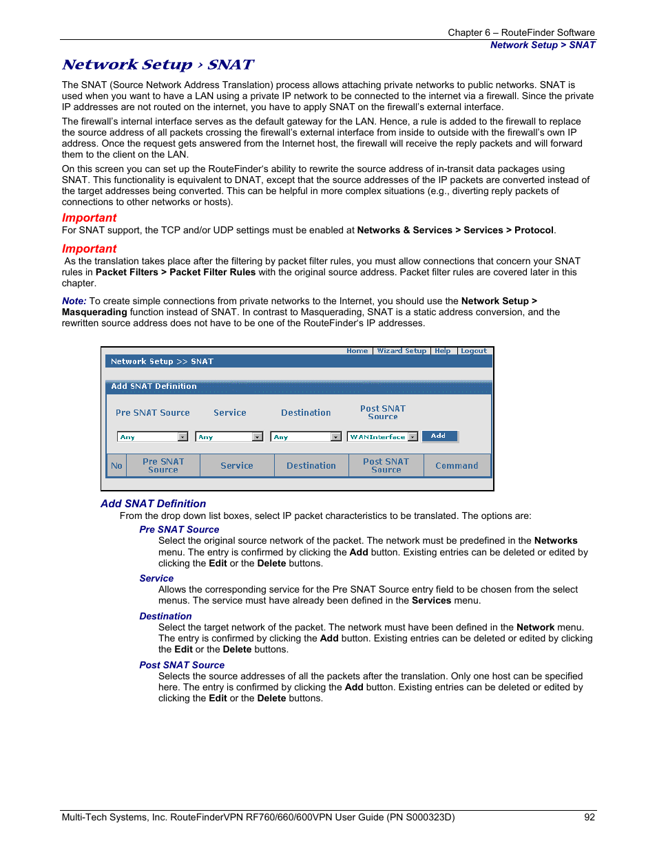 Network setup > snat | Multi-Tech Systems RF660 User Manual | Page 92 / 189