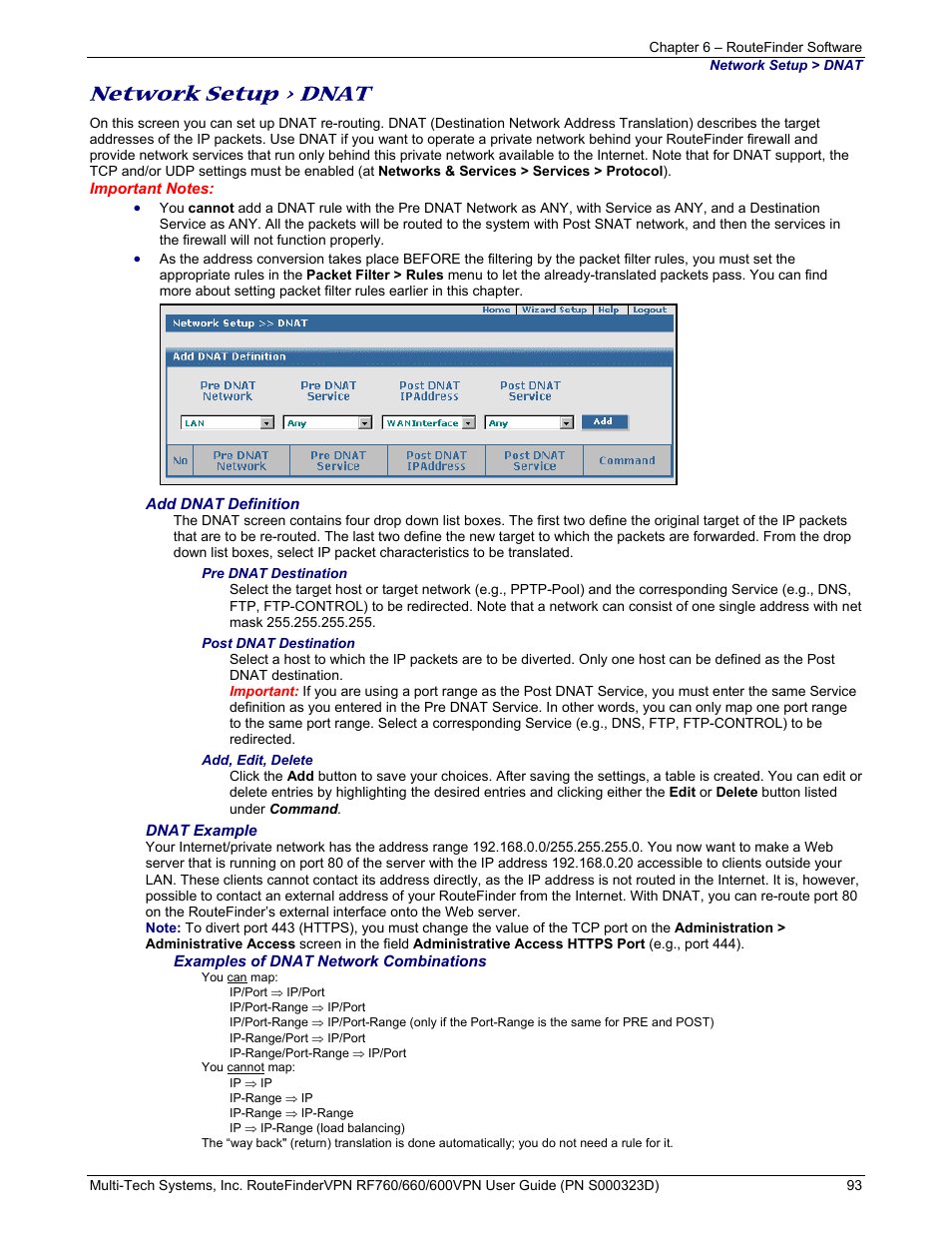 Network setup > dnat | Multi-Tech Systems RF660 User Manual | Page 93 / 189