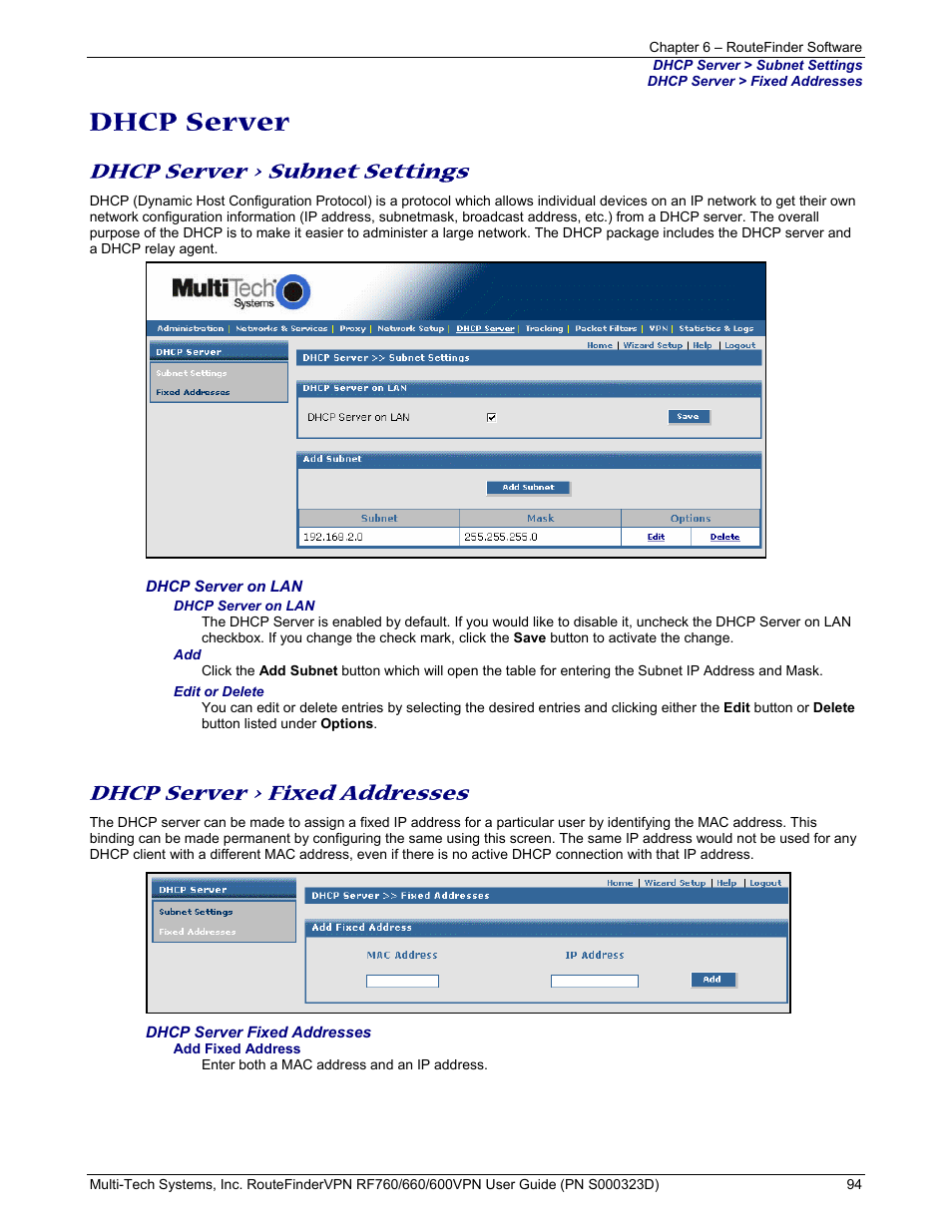 Dhcp server, Dhcp server > subnet settings, Dhcp server > fixed addresses | Multi-Tech Systems RF660 User Manual | Page 94 / 189