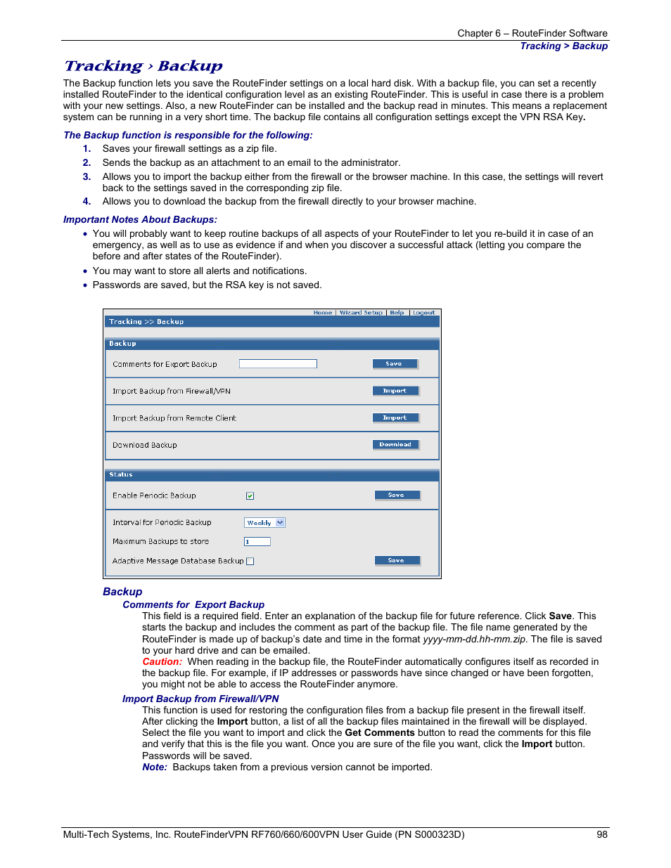 Tracking > backup | Multi-Tech Systems RF660 User Manual | Page 98 / 189
