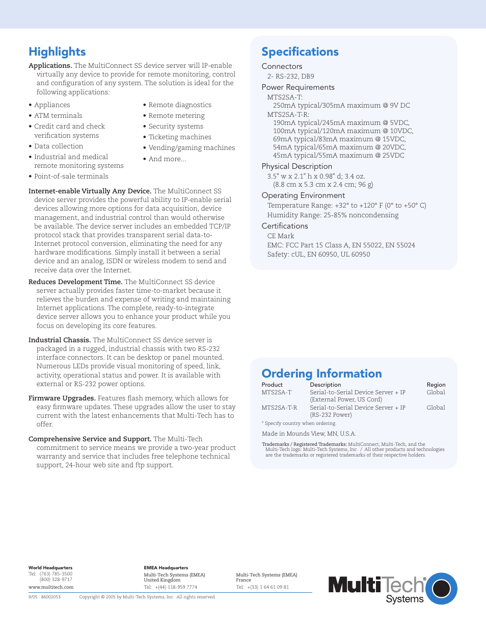 Highlights, Ordering information, Speciﬁcations | Multi-Tech Systems Multi-Tech MultiConnect SS MTS2SA-T User Manual | Page 2 / 2
